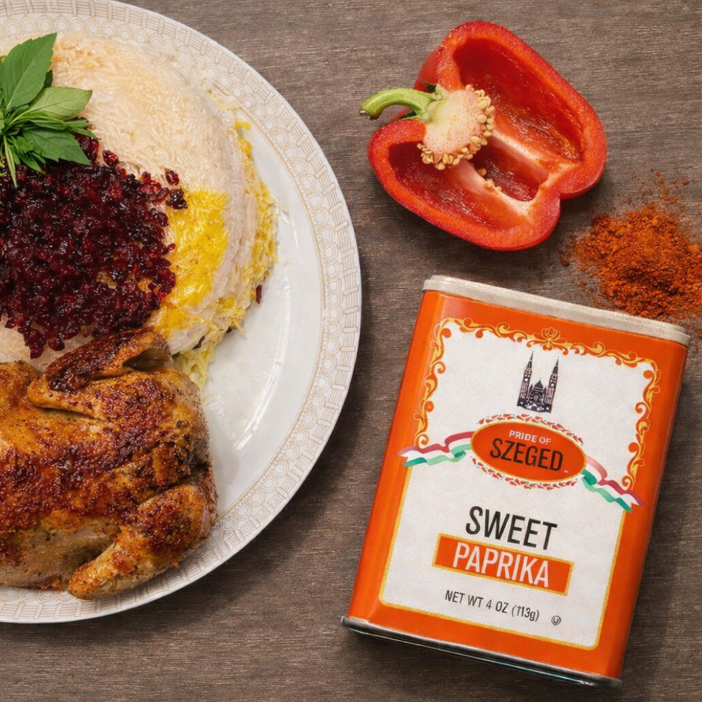 Can of Sweet Paprika from Made in Szeged next to a plate of food on a wooden surface