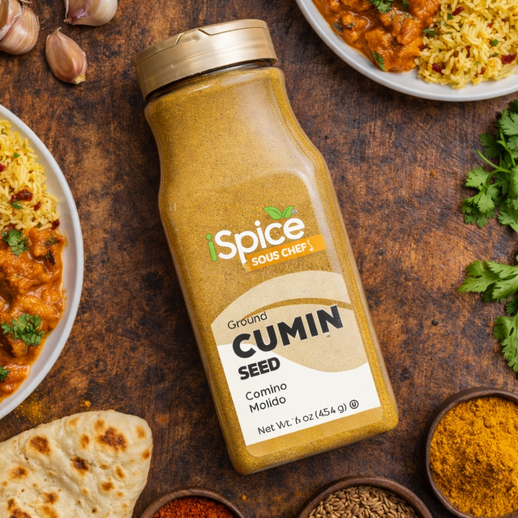 Spice Sous Chef cumin seed bottle on a rustic background with food items