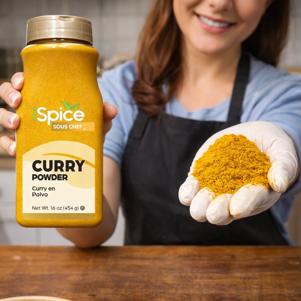 Person holding a bottle of Spice Sous Chef Curry Powder with a scoop of powder in their hand.