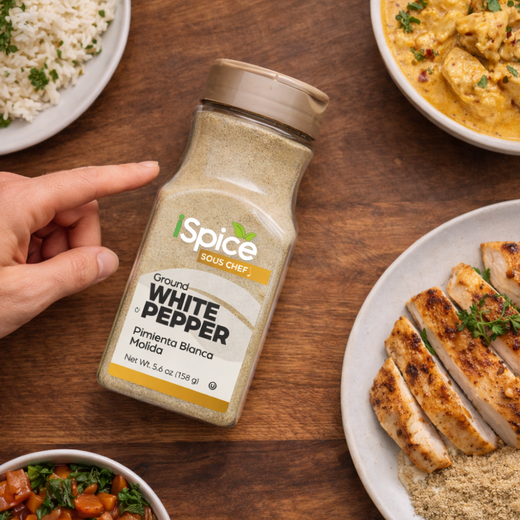 Spice Sous Chef white pepper bottle on a wooden table with food around it