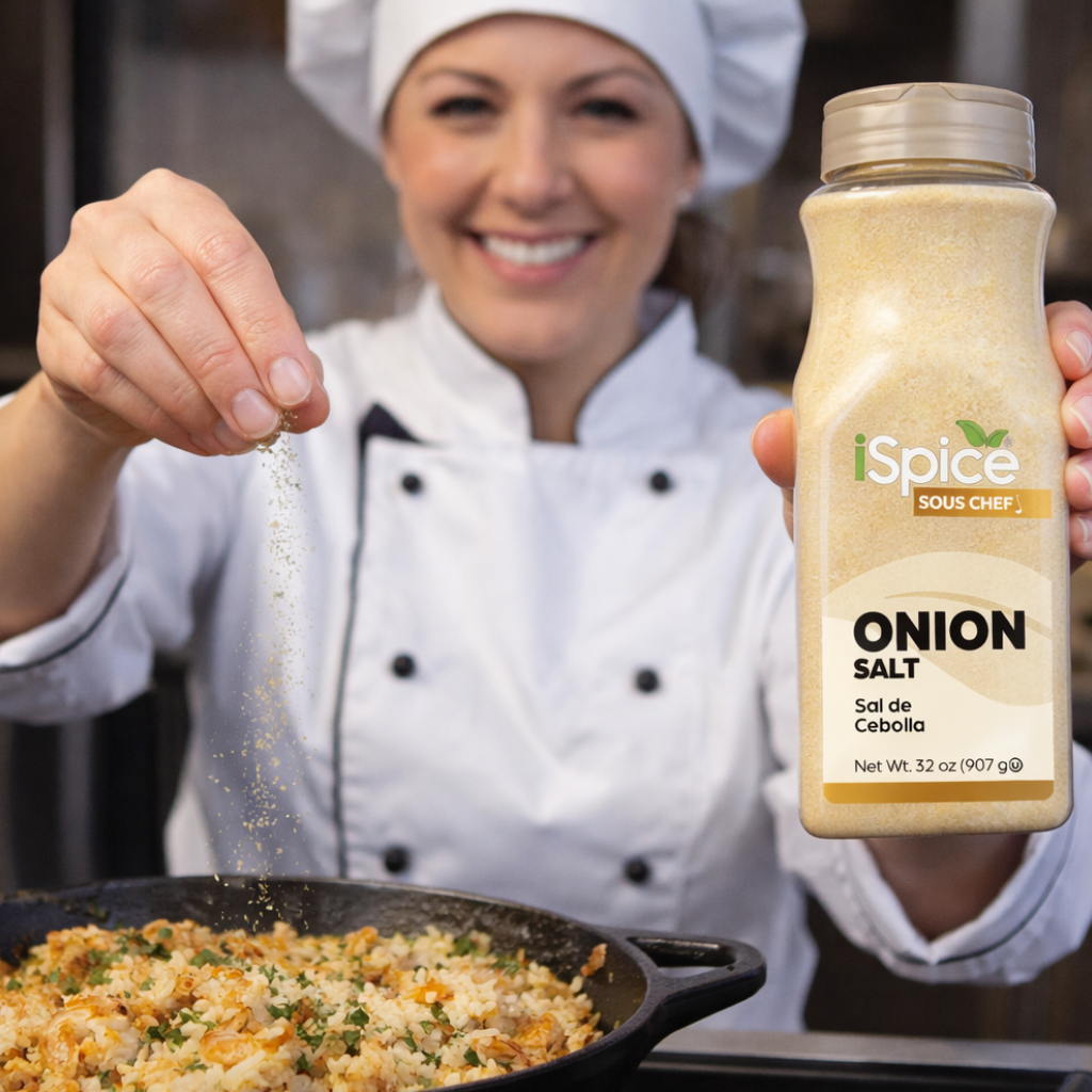 Person seasoning food with onion salt from a bottle labeled 'iSpice Sous Chef Onion Salt'.