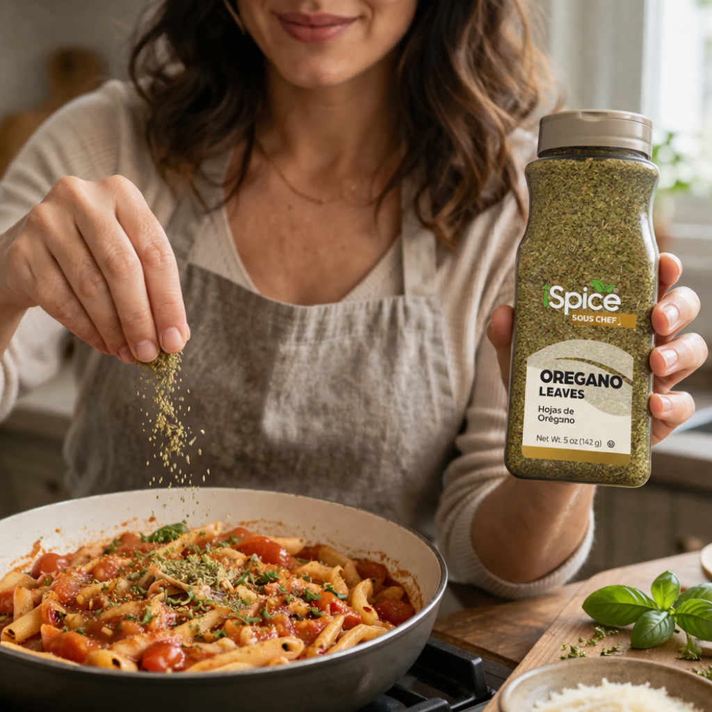 Woman sprinkling oregano from a Spice Classics bottle onto pasta.