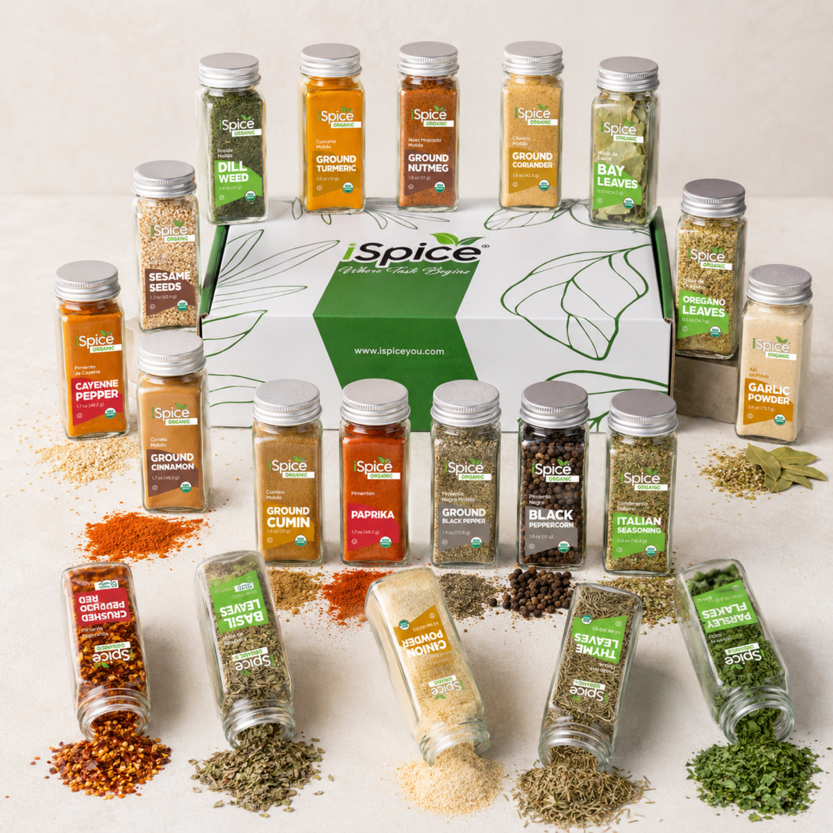Assorted spice jars with a 'Spice You' box on a light background