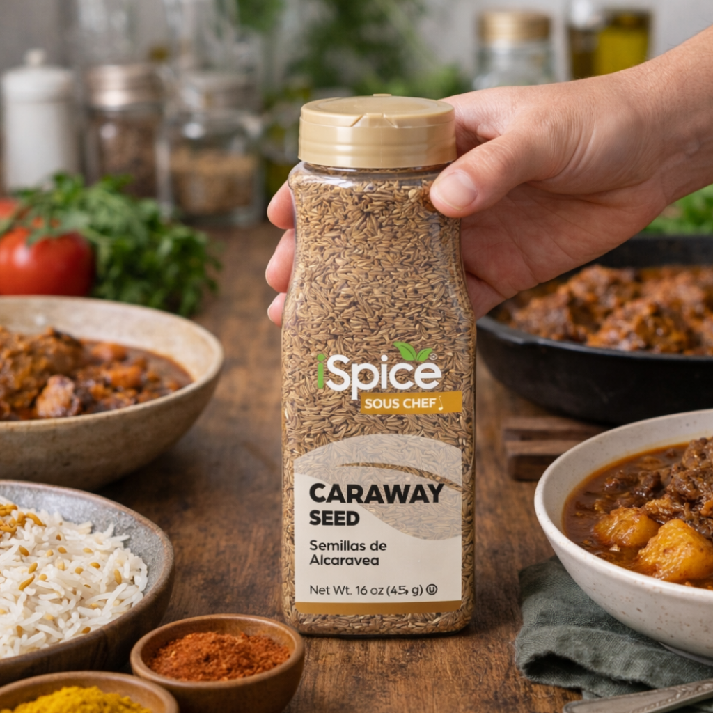 Hand holding a jar of Spice Sous Chef Caraway Seed with a background of cooking ingredients.