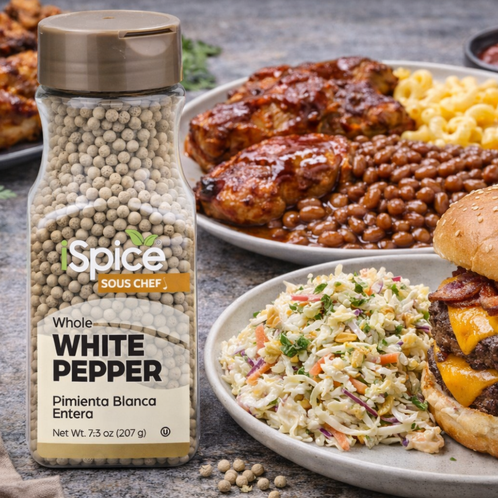 iSpice Sous Chef whole white pepper bottle with a plate of food including a burger, salad, and beans.