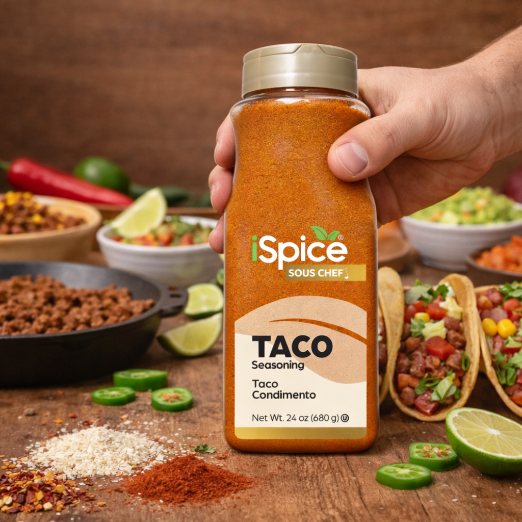 Female chef holding taco seasoning bottle while sprinkling spice into skillet