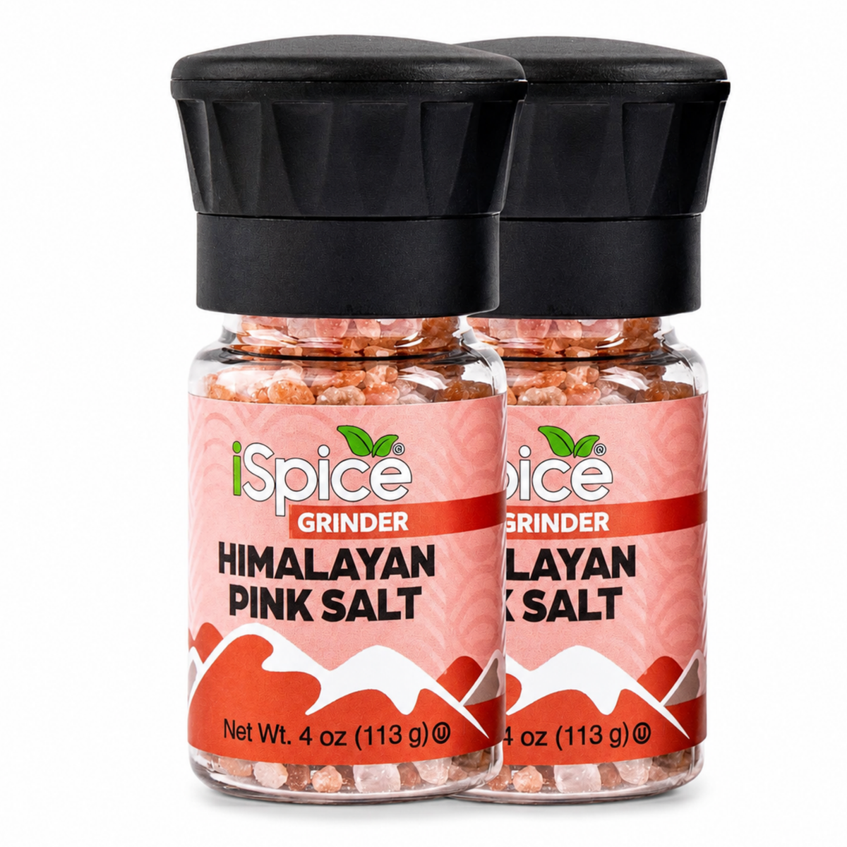 Two glass spice grinders filled with pink Himalayan salt, featuring black plastic caps and pink labels with the iSpice brand logo.