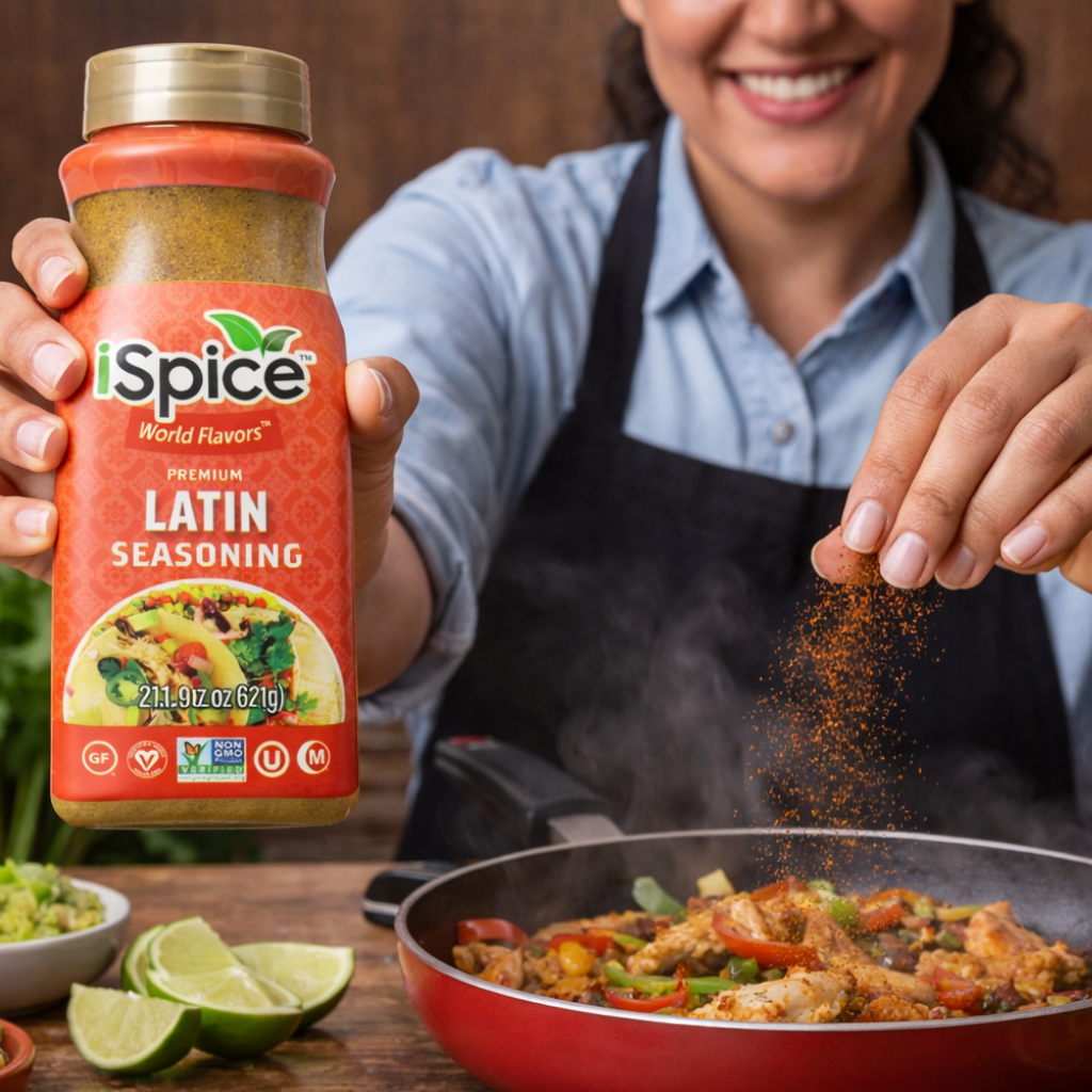 Person cooking with iSpice Latin seasoning on a wooden table