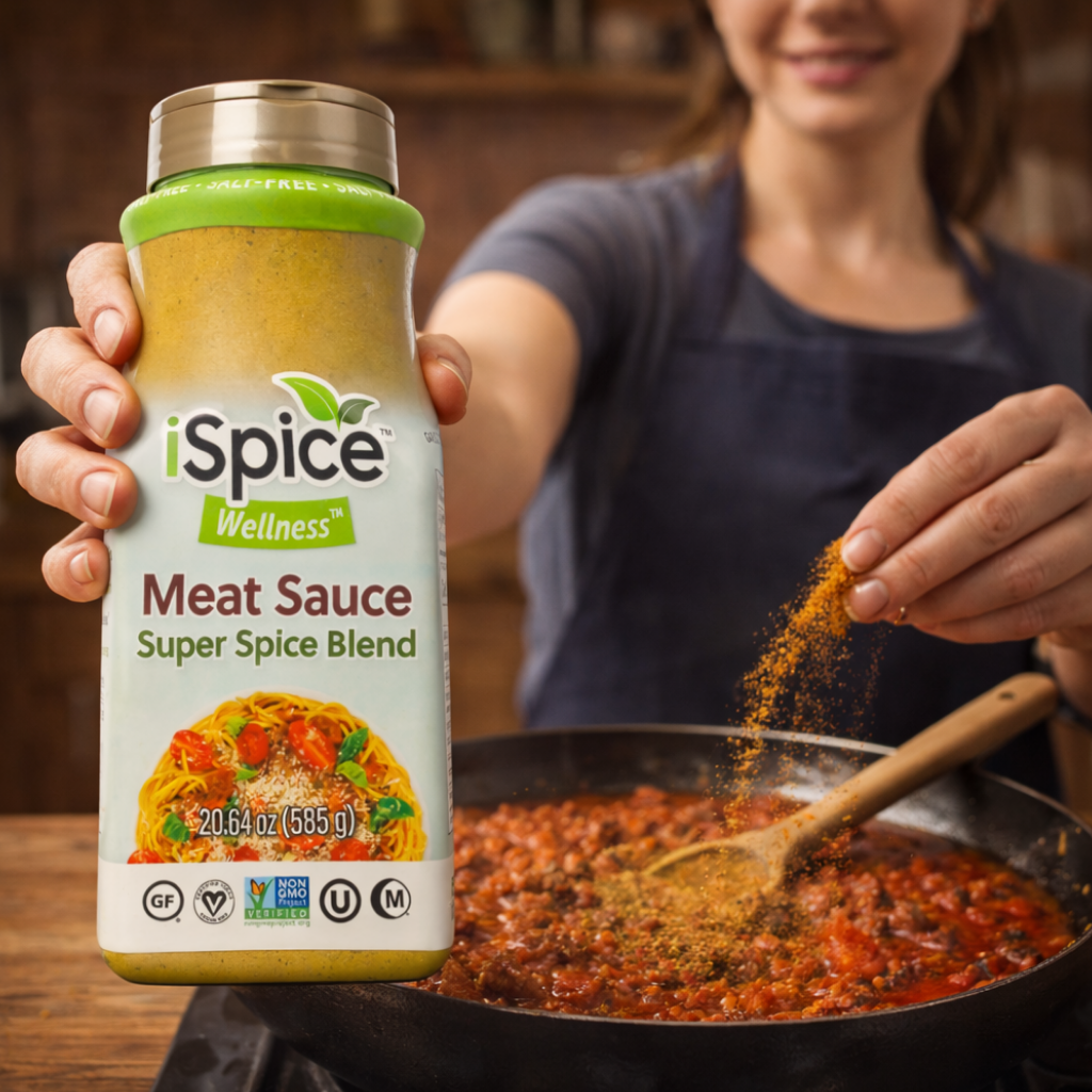 Person cooking with iSpice Wellness Meat Sauce Super Spice Blend