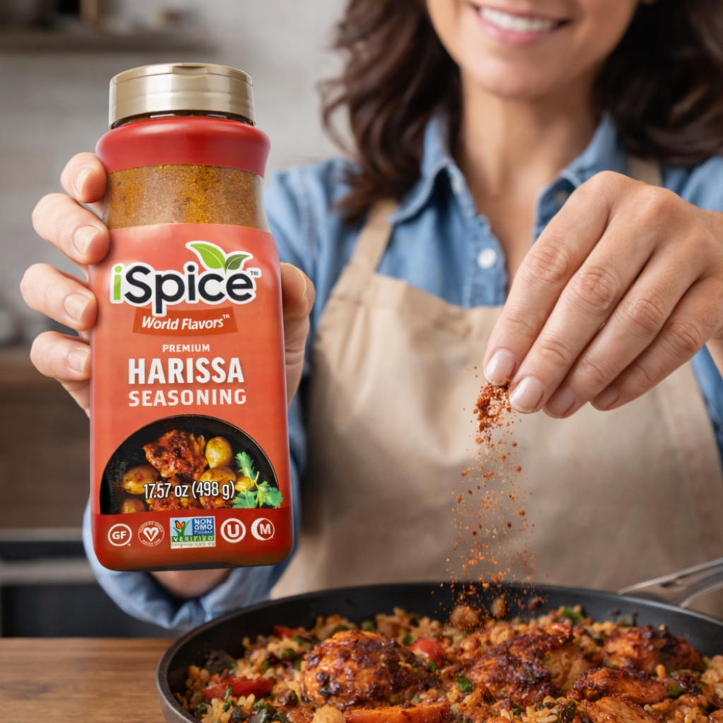 harissa seasoning container surrounded by spicy dishes and ingredients flat lay