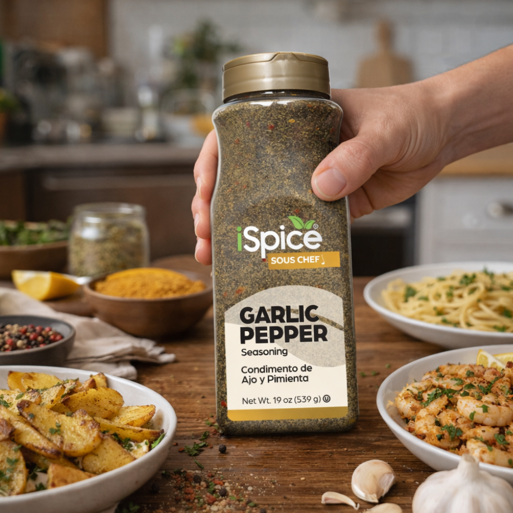 Hand holding a jar of iSpice Garlic Pepper seasoning with a kitchen background