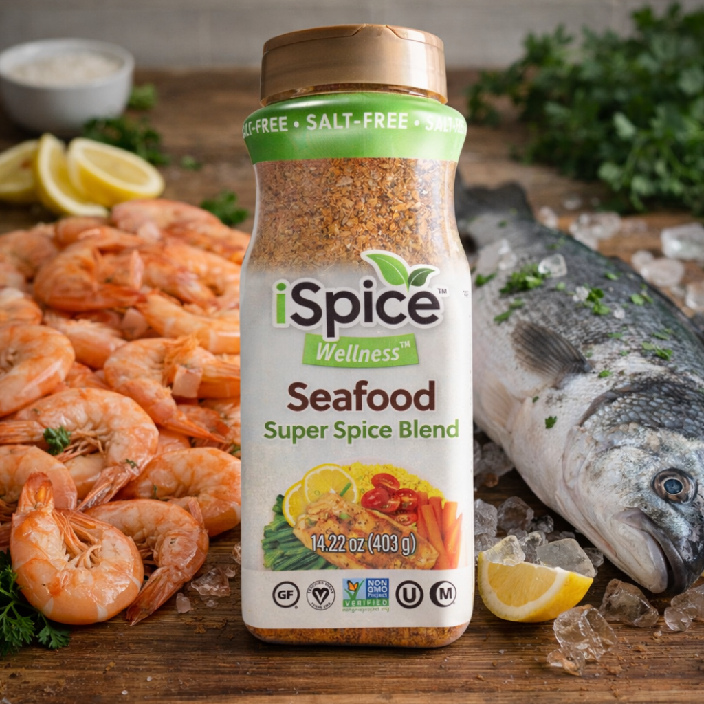 iSpice Wellness Seafood Super Spice Blend bottle with seafood and lemons on a wooden surface