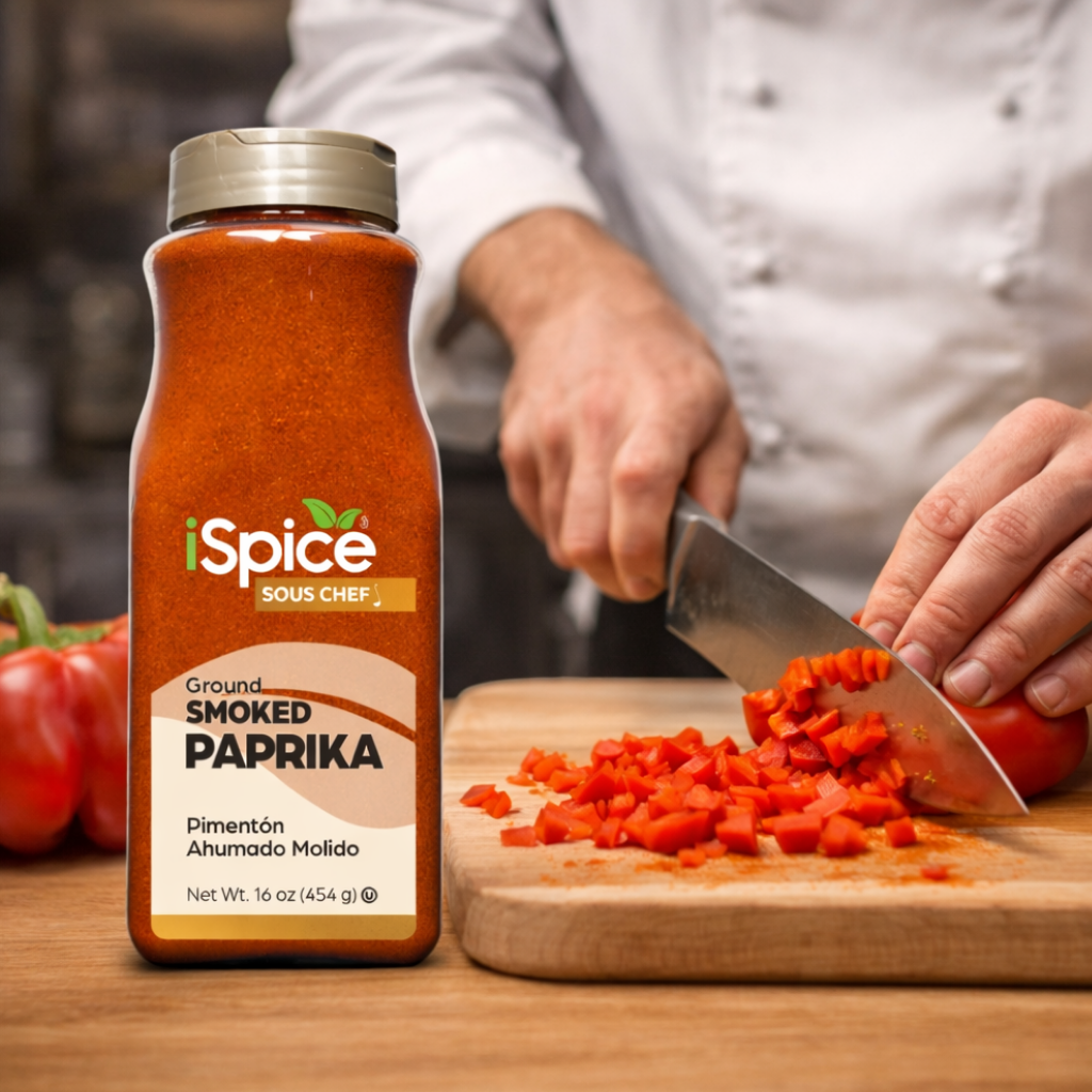 Bottle of iSpice Smoked Paprika with a person chopping tomatoes in the background