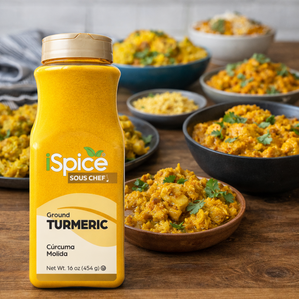 iSpice Ground Turmeric bottle with bowls of food in the background