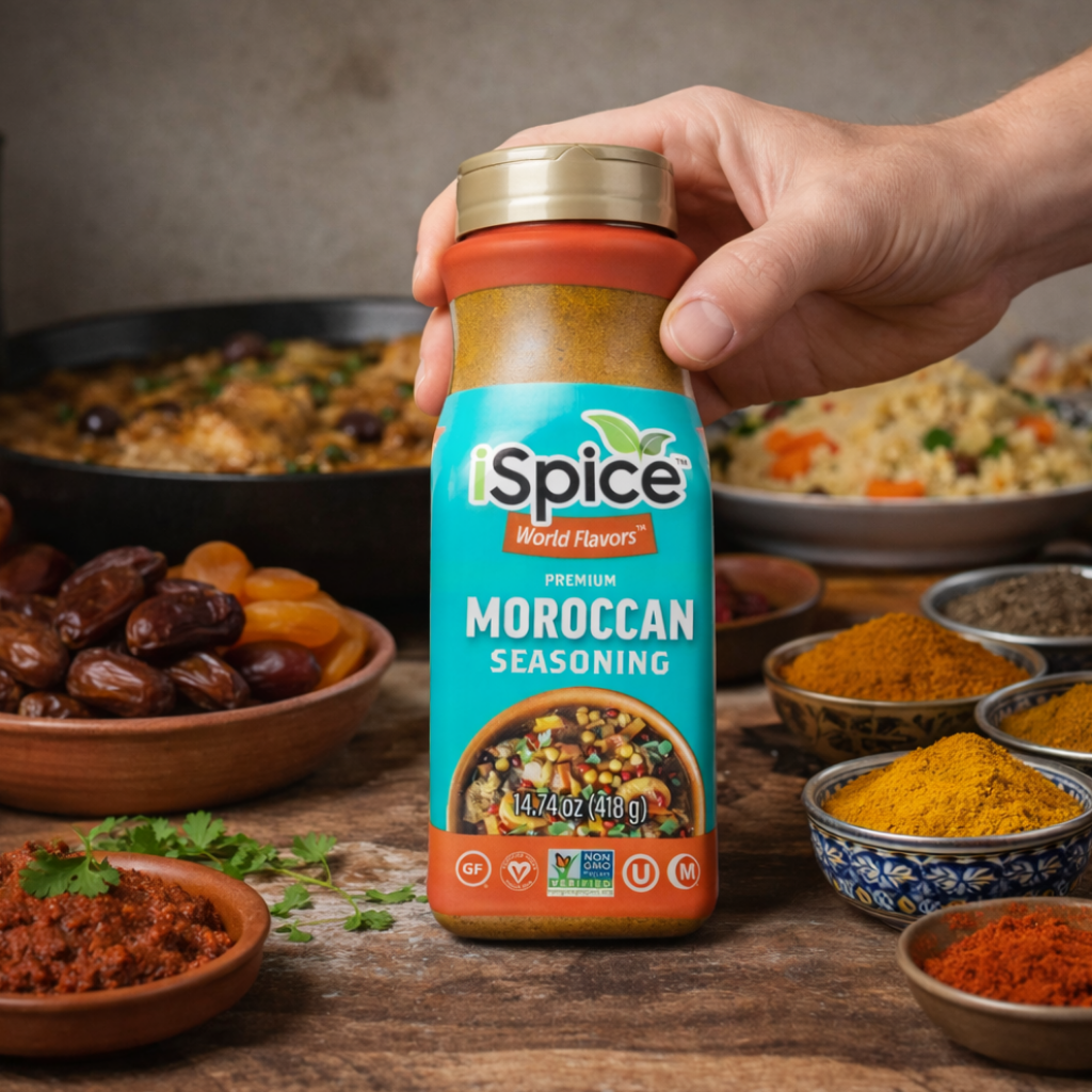 Moroccan seasoning spice blend by iSpice 14.74 oz bulk size with couscous and tagine