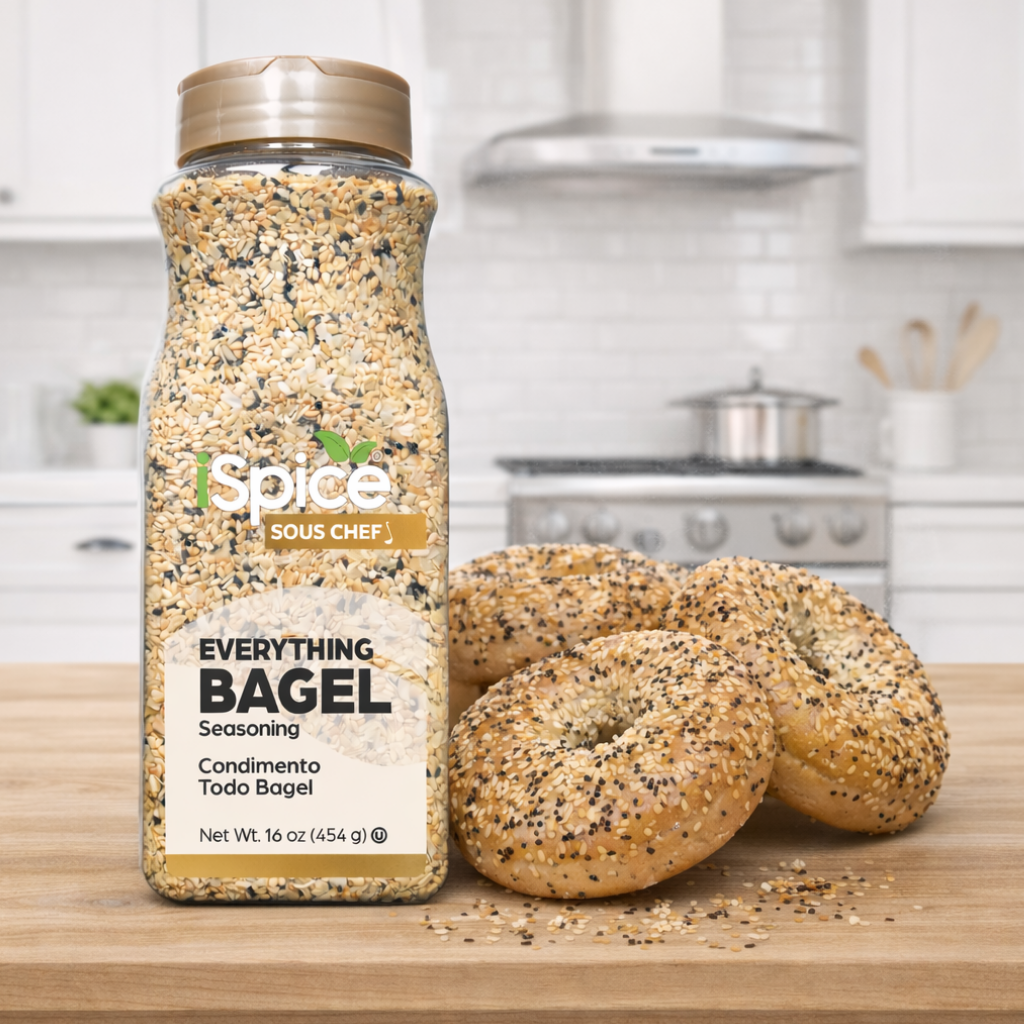 Spice Sous Chef Everything Bagel seasoning bottle with bagels on a kitchen counter
