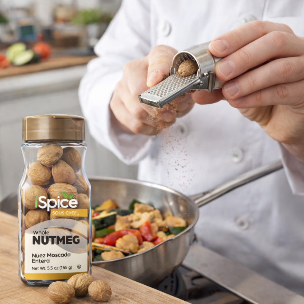 Person grating nutmeg with a bottle of Spice Souq Nutmeg in the foreground.