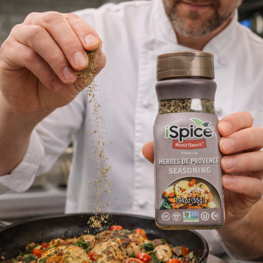 Person seasoning food with iSpice Herbes de Provence seasoning