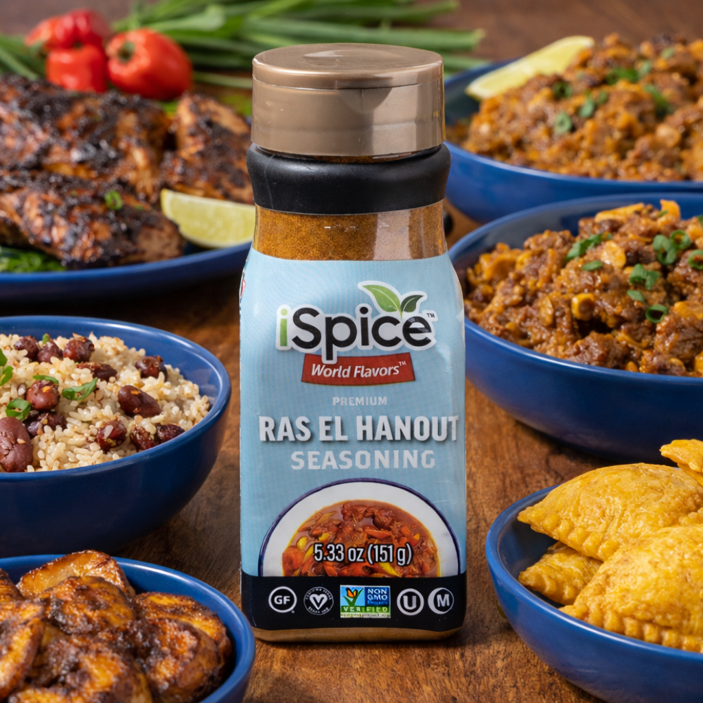 iSpice Ras El Hanout seasoning bottle with various dishes on a wooden table