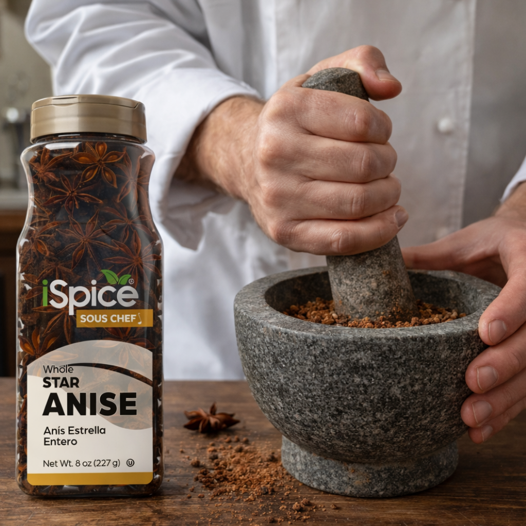 Person using a mortar and pestle with a bottle of star anise spice on a wooden surface.