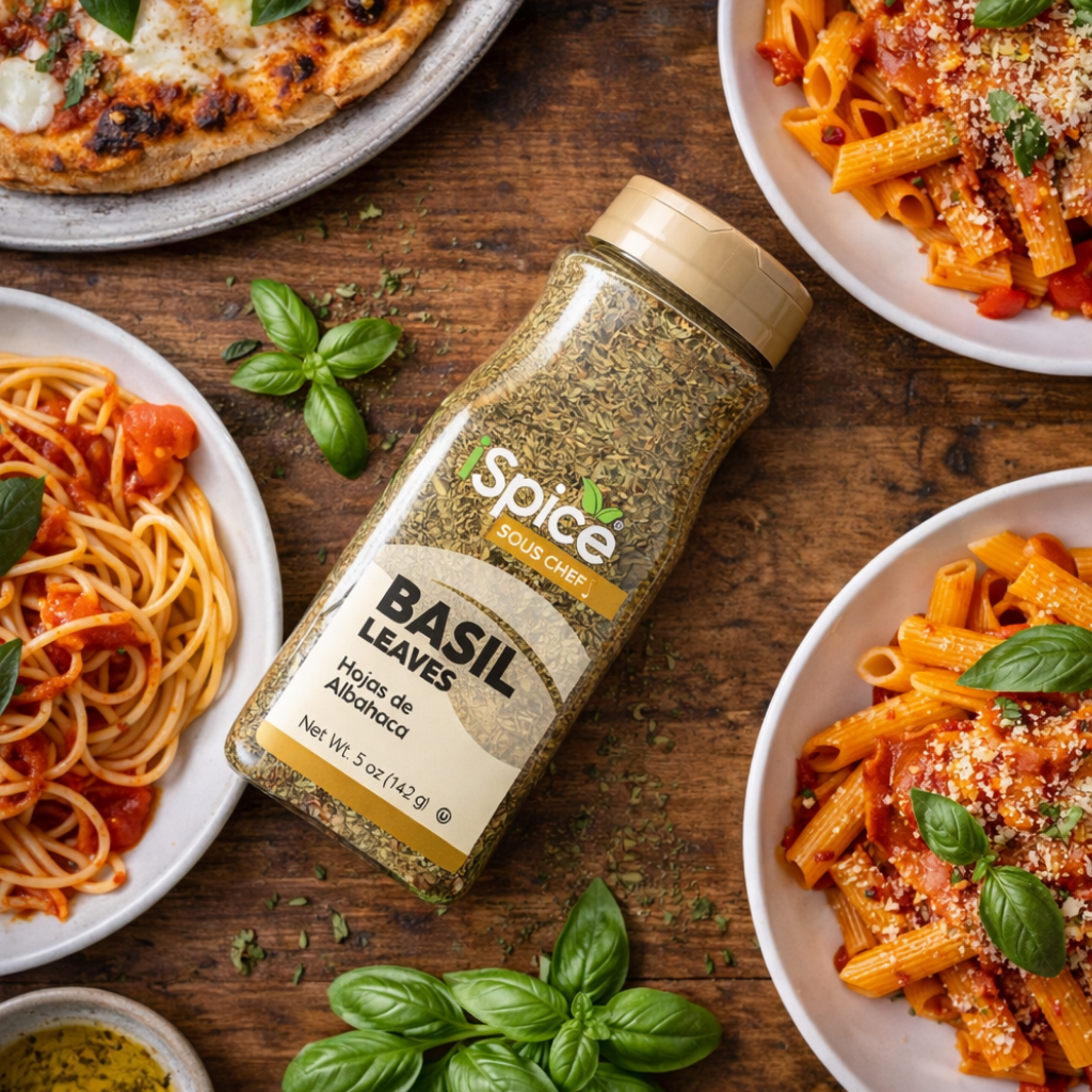 Spice bottle labeled 'Basil Leaves' on a wooden table with pasta dishes.