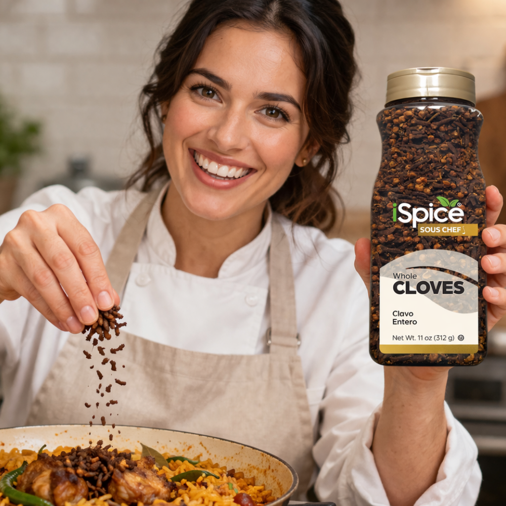 Woman in a kitchen holding a jar of Spice Souq Cloves and sprinkling them over food.