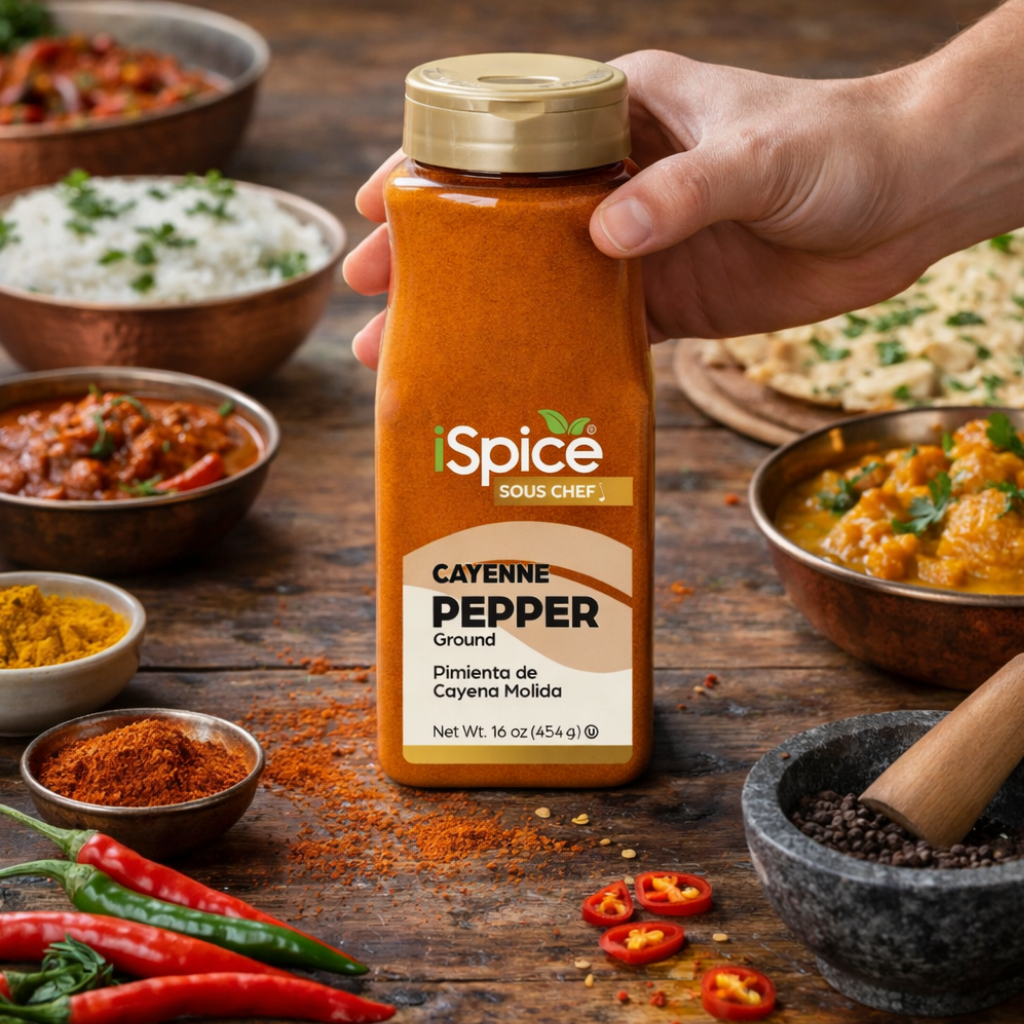 Hand holding a bottle of Spice Sous Chef Cayenne Pepper on a wooden table with food and spices.