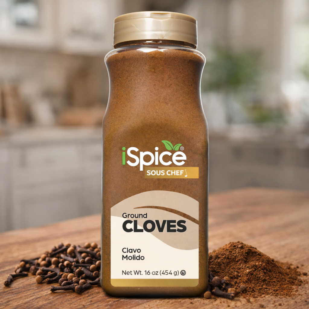 iSpice Ground Cloves bottle on a wooden surface with cloves and ground cloves around it.