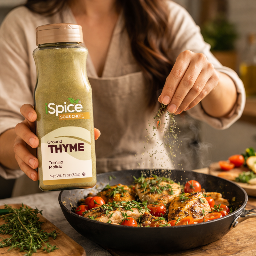 Person seasoning food with thyme, holding a bottle of Spice Sou Chef Ground Thyme.