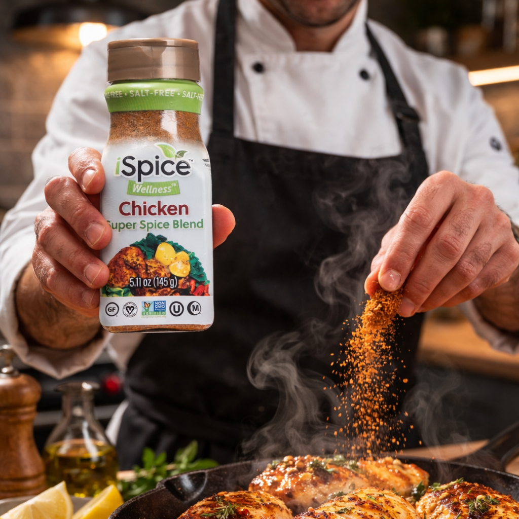 Person seasoning food with a bottle of Spice Wellness Chicken Super Spice Blend.