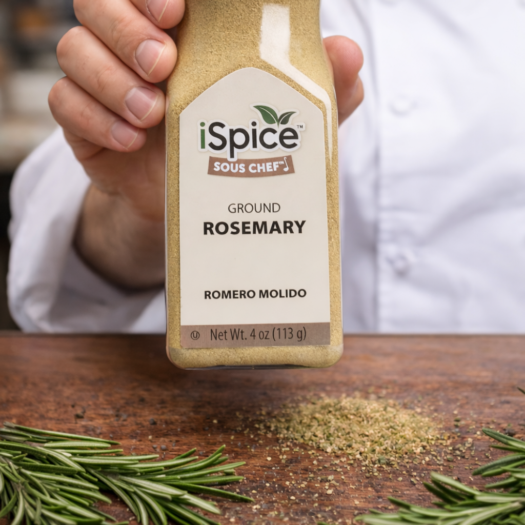 Hand holding a bottle of iSpice Ground Rosemary on a wooden surface with fresh rosemary leaves.
