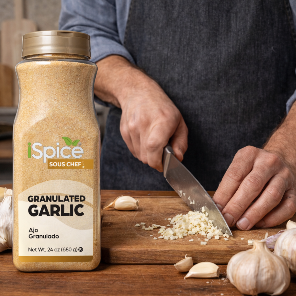 Person chopping garlic with a jar of iSpice Sous Chef granulated garlic on a wooden surface.