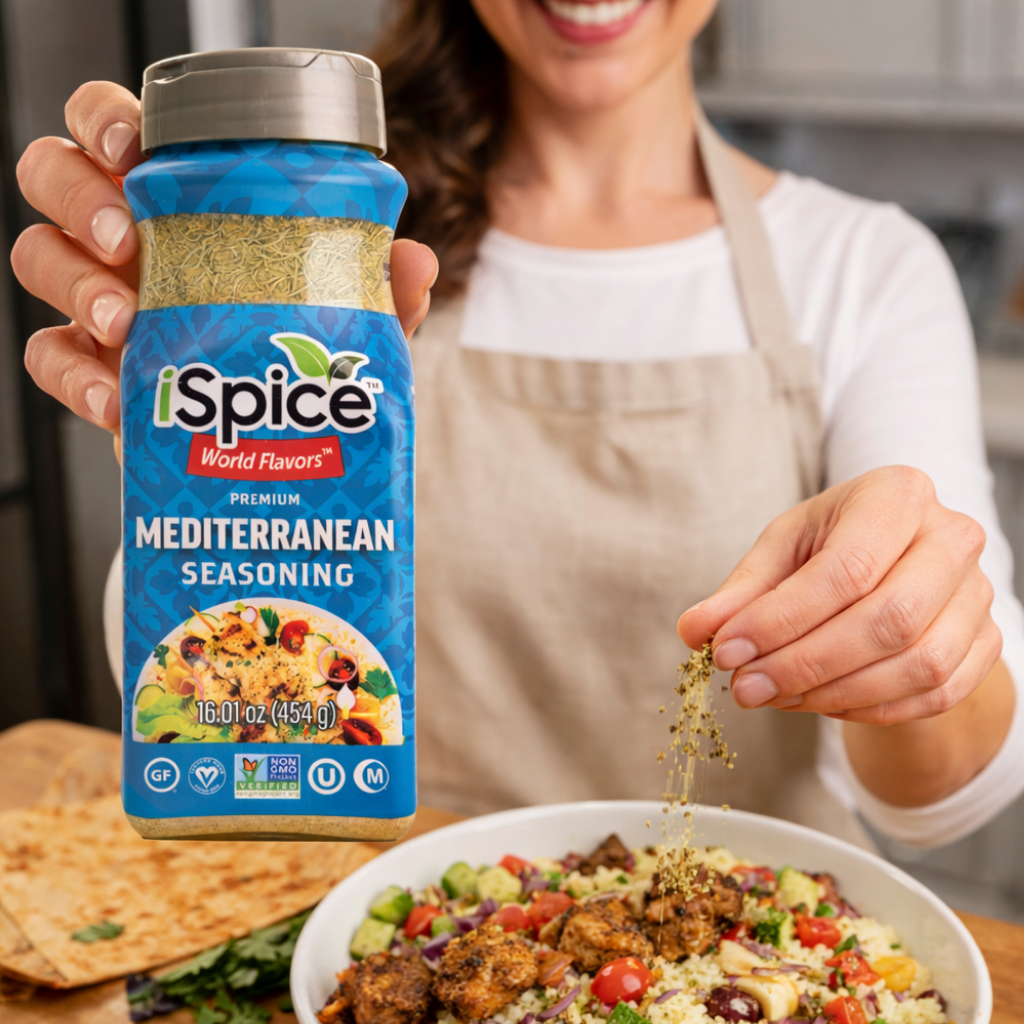 Person holding a jar of iSpice Mediterranean seasoning over a bowl of salad.
