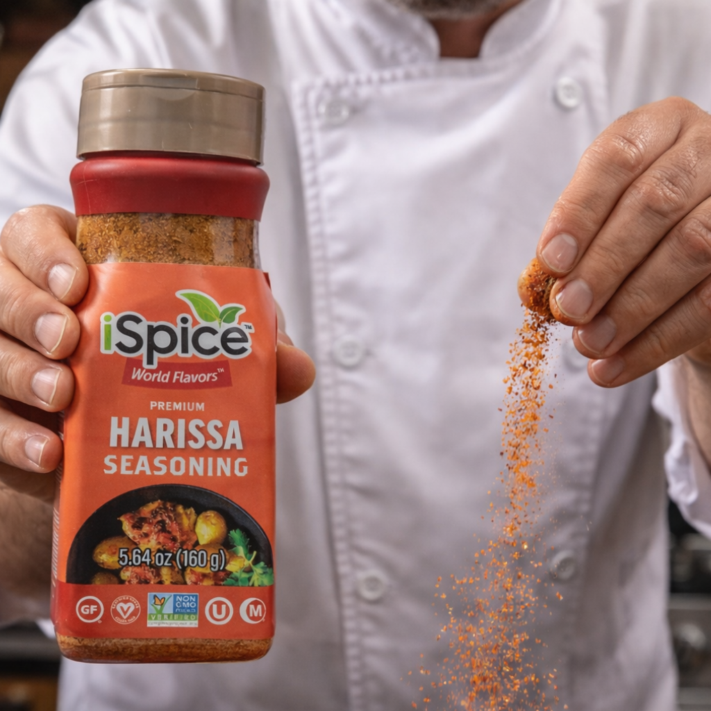 Person holding a bottle of iSpice Harissa seasoning and sprinkling it.