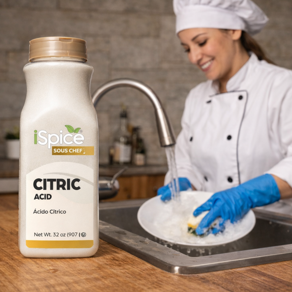 iSpice Citric Acid bottle with a chef washing dishes in the background