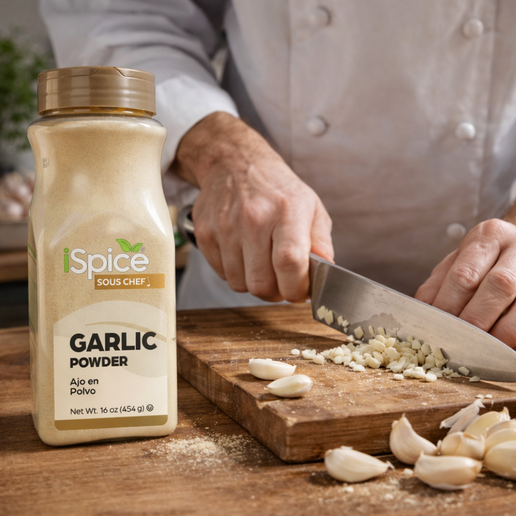 iSpice Garlic Powder bottle with a chef chopping garlic on a wooden board