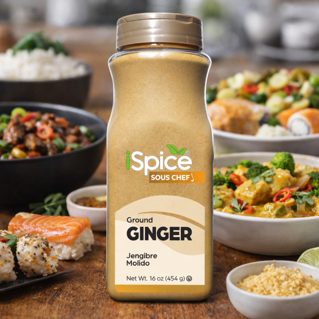 iSpice Sous Chef ground ginger bottle with a background of various dishes.