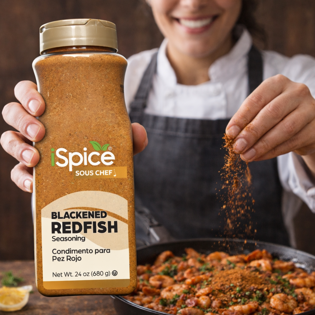 ispice sous chef blackened redfish seasoning beside grilled fish and shrimp meal