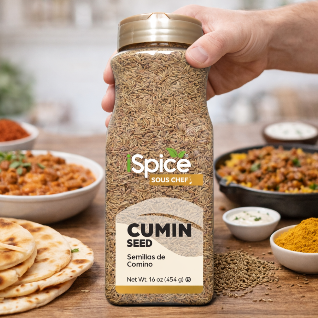Spice Sous Chef cumin seed jar held by a hand with food in the background