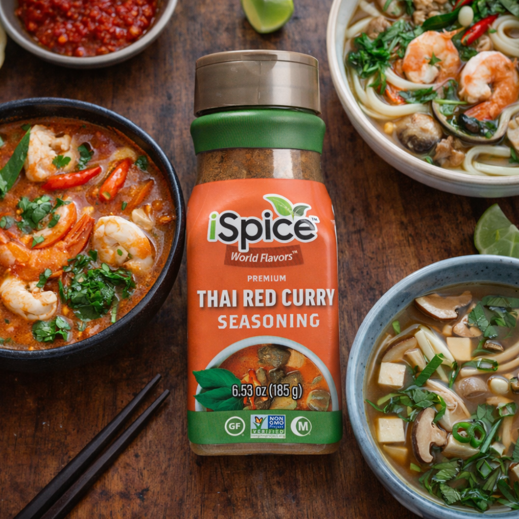 iSpice Thai Red Curry seasoning bottle surrounded by various bowls of food on a wooden table