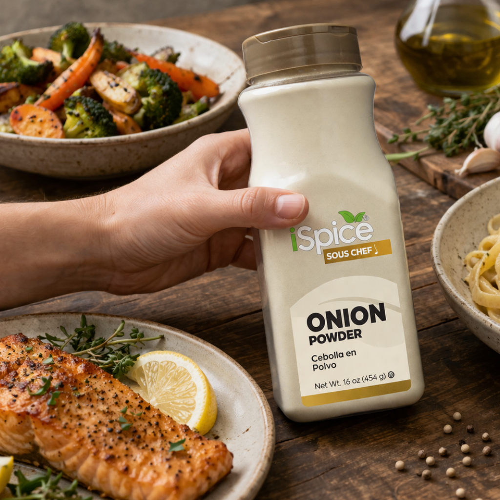 Hand holding a bottle of 'Sous Chef' onion powder with a meal in the background