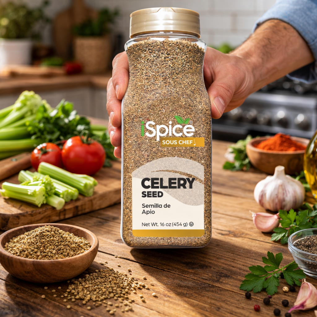 Hand holding a jar of Spice Sou Chef celery seed with a kitchen background