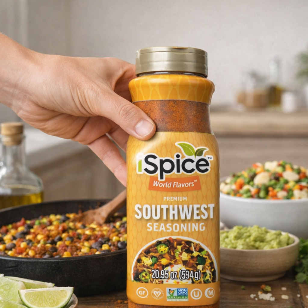 Hand holding a bottle of Spice World Flavors Southwest seasoning with a kitchen background.