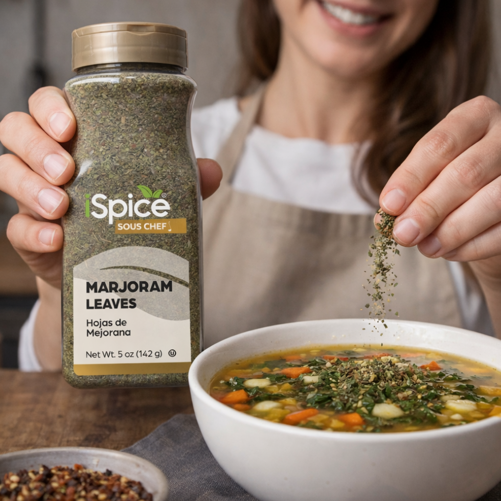 Person sprinkling marjoram leaves from a Spice Sous Chef jar into a bowl of soup.