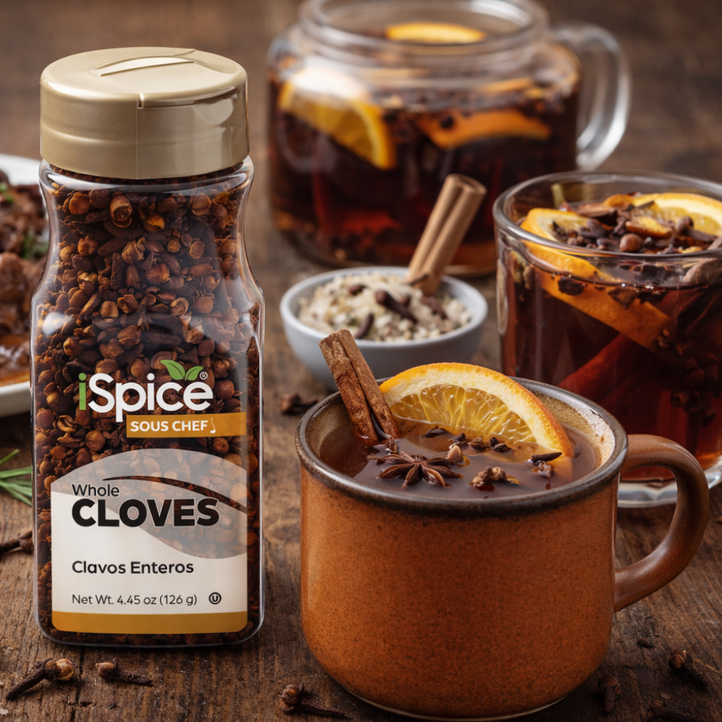 Spice bottle labeled 'Sous Chef' with a hot beverage garnished with cloves, orange slices, and cinnamon sticks.