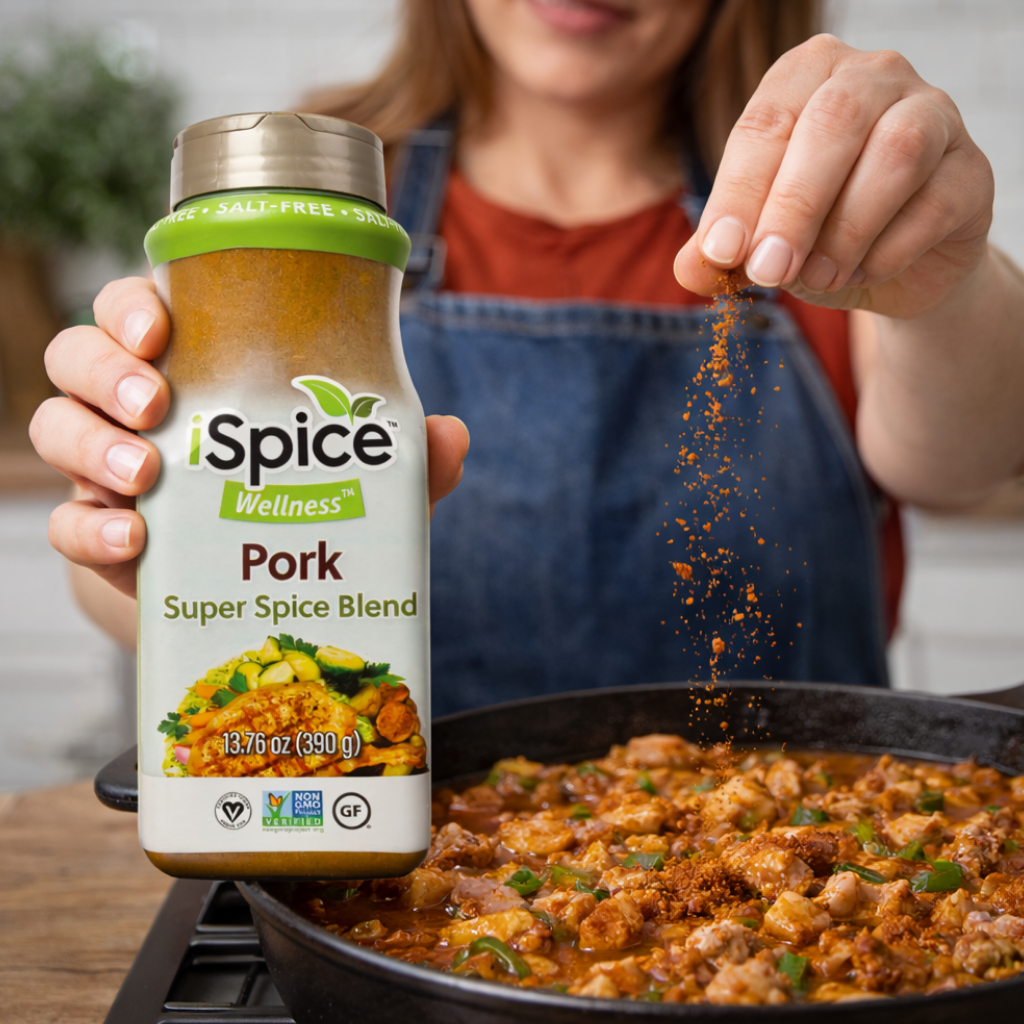Person seasoning food with iSpice Wellness Pork Super Spice Blend in a kitchen setting
