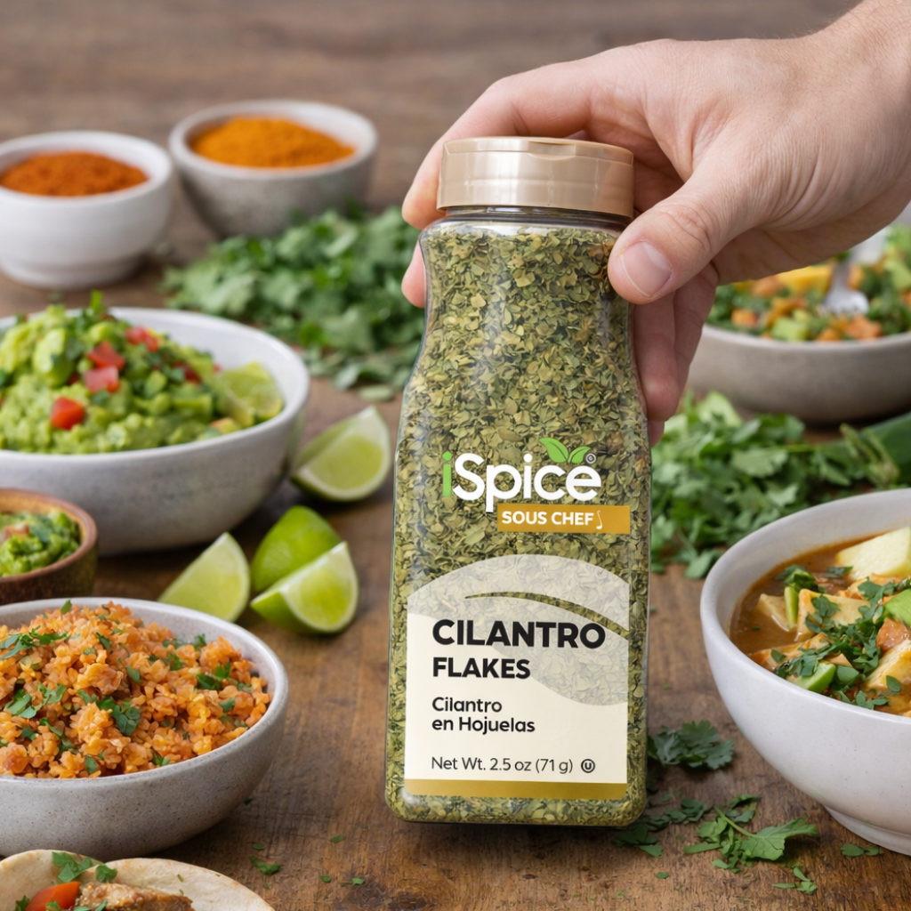 Hand holding a jar of 'Spice Sous Chef' cilantro flakes with a wooden table and bowls of food in the background.