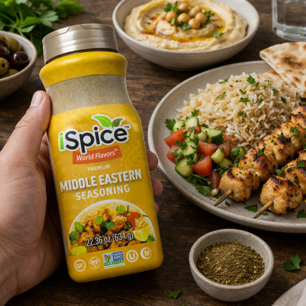 Hand holding a bottle of 'iSpice' Middle Eastern seasoning with a meal in the background