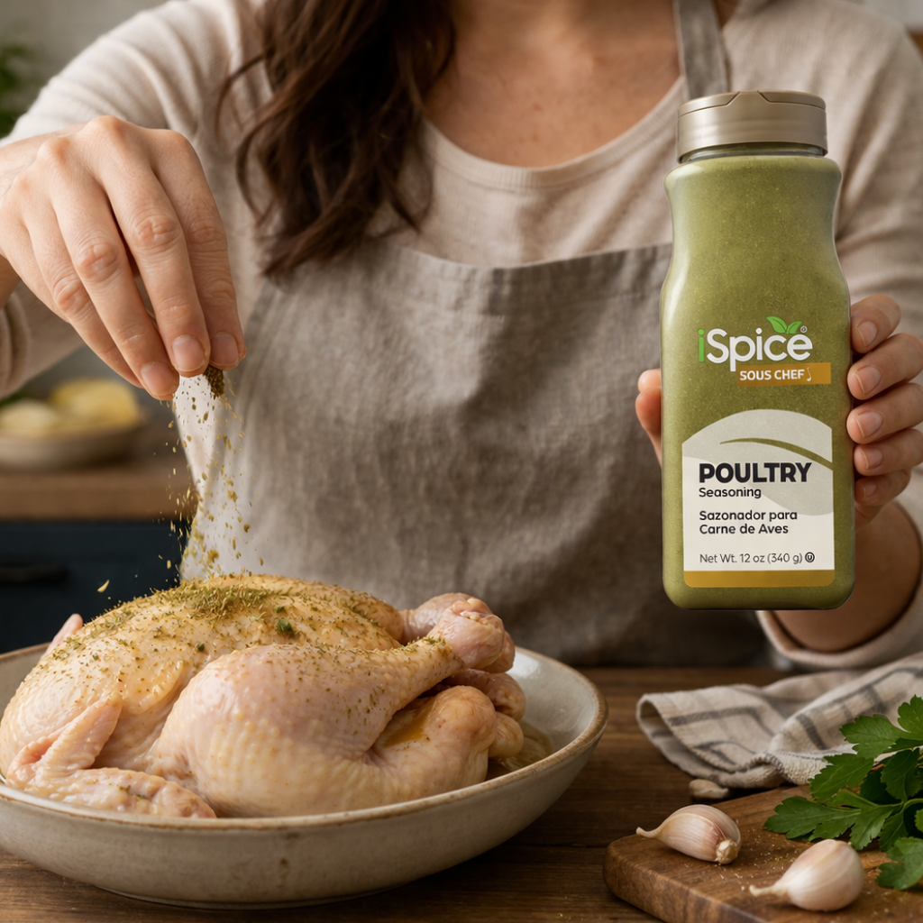 Person seasoning a raw chicken with Spice Sous Chef Poultry Seasoning.