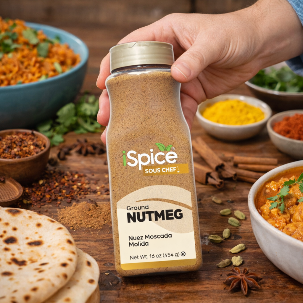 Hand holding a spice jar labeled 'Sous Chef' with nutmeg on a wooden table with spices and food.